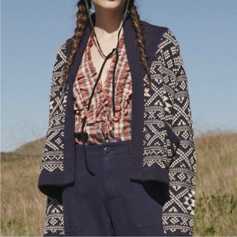 The Great. Navy Blue & Cream Fair Isle Cardigan Sweater. Size 0.